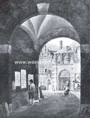 Zuid-Holland, 1921, Dordrecht, Dordrecht's stadspoorten. Gezicht door het Oude- op het Nieuwe Vuilpoort. Gesloopt in 1863. Naar de teekening in kleuren door J. van Lexmond in het gemeentearchief