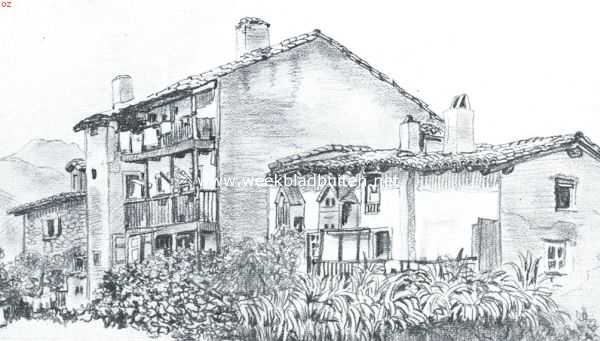 Onbekend, 1921, Onbekend, In het Baskenland. Baskenhuizen in Irun. Naar de teekening van W. Dooyewaard