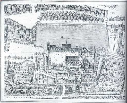 Zuid-Holland, 1923, Den Haag, Het Binnenhof. Het Binnenhof met omgeving, in vogelvlucht gezien, in het jaar 1616