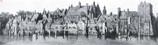 Zuid-Holland, 1923, Den Haag, Het Binnenhof. De Buitenhof-gebouwen aan den Vijver, omstreeks 1600. In het midden de Hofkapel; daarachter de Groote Zaal