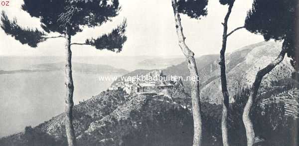 Frankrijk, 1924, Onbekend, Rotsformaties en plantengroei aan de Azuurkust. Gezicht tusschen de zeedennen op Eze (het oude Eza). Op den achtergrond Mont Ferrat en nog verder Mont Boron bij Nice