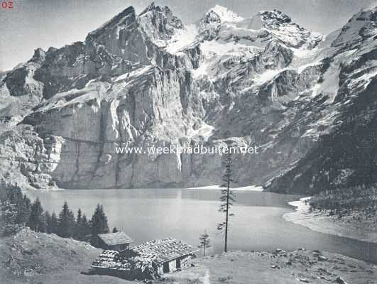 Zwitserland, 1924, Kandersteg, De Ltschberg-spoorweg. Het schinen-meer bij Kandersteg, met de Blmlisalphorngroep