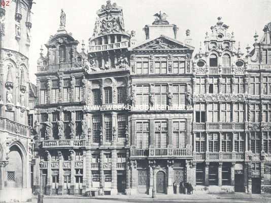 Belgi, 1924, Brussel, De Groote Markt te Brussel. Huizen aan de westzijde der Groote Markt te Brussel. Van links naar rechts, De Vos (1699), De Hoorn (1697), De Wolf (1690), De Zak (1644), De Kruiwagen (1644)