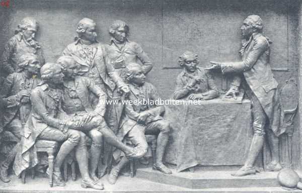 Relief op het monument van Lavoisier: de geleerde, zijn ontdekkingen voor de Acadmie des Sciences uiteenzettend
