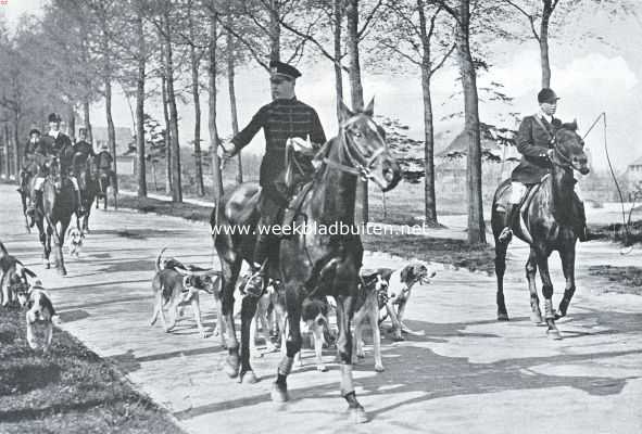 Nederland, 1925, Onbekend, De Koninkl. Nederlandsche Jachtvereeniging en het jachtrijden achter de honden. Naar de meet. Achter de meute rijdt de vorige jagersmeester jhr. S.M.S.A.A. de Marees van Swinderen