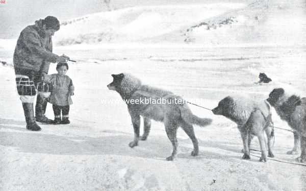 Het vuistrecht bij de Eskimo's. Kennismaking tusschen een kleinen Eskimo en Rasmussen's honden