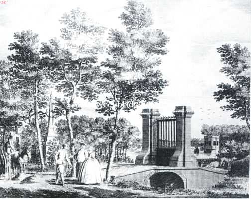 De banpaal bij Amstelveen, met hek van het lusthuis Elsrijk. Naar de gravure in Danil Willink's Amstellandsche Arkadia