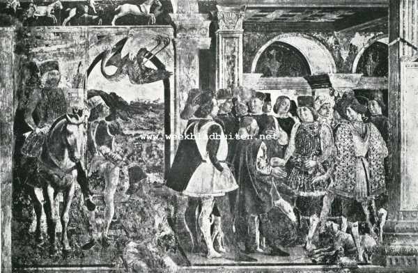 De heerschers van Ferrara. Fresco in het Schifanoja-paleis. Borso 'd Este met hovelingen en een dwerg