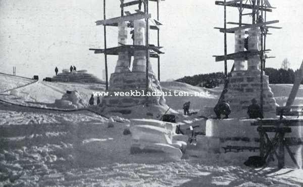 Onbekend, 1927, Onbekend, Een ijsbouwwerk. Het optrekken van het geraamte der ijskerk