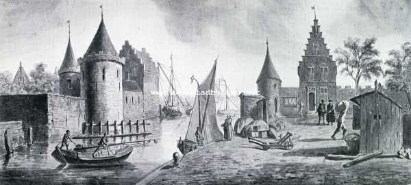 De groei van Rotterdam 1328-1928. De St. Laurenspoort en de Blauwe Toren vanaf het West-Nieuwland ongeveer 1560. De toegang van de Oude Haven van de binnenzijde gezien omstreeks 1560