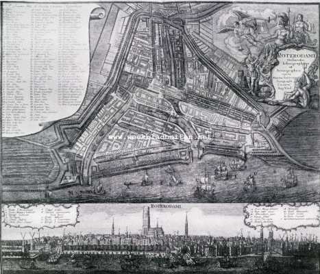 Zuid-Holland, 1928, Rotterdam, De groei van Rotterdam 1328-1928. Rotterdam omstreeks 1740. Naar een kaart van Mathias Seutter, keizerlijk geograaf