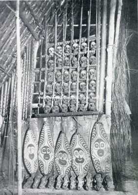Onbekend, 1929, Onbekend, Uit het land en het leven der Papoea's. Bij de Papoea's. Een schedelrek met gope's en zwijnskoppen: het kostbaarste bezit van den Papoea