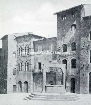 Itali, 1929, San Gimignano, San Gimignano. De Piazza della Cisterna. Het hoekhuis (uit de 15e eeuw) vertoont Saraceensche invloeden