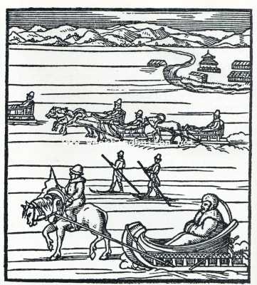 De winter in Oost-Europa en Siberi, volgens oude prenten. Russische sledevaart. (Kopergravure van 1550)