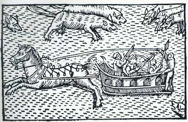 De winter in Oost-Europa en Siberi, volgens oude prenten. Op de slede ter wolvenjacht (Houtsnede uit 1555)