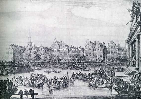 Noord-Holland, 1930, Amsterdam, Het Rokin te Amsterdam. Gezicht bij de Munt en de Doelenbrug tijdens de feesten voor Maria de Medicis 1638. Naar .. Van Savry