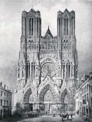 Frankrijk, 1930, Reims, De Kathedraal te Reims. Naar de lithografie van Gustave Simonau in Rijks Prentenkabinet