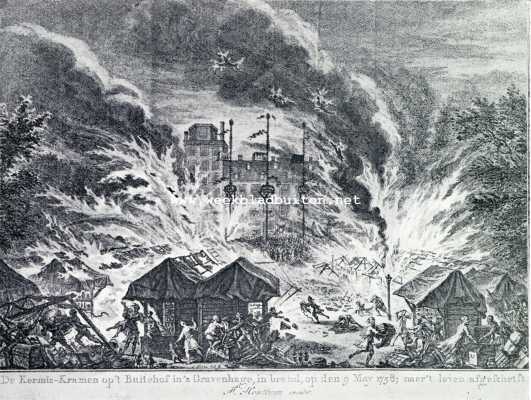 Zuid-Holland, 1930, Den Haag, De Haagsche kermis. De kermis-kramen op 't Buitehof in 's Gravenhage, in brand, op den 9 May 1758