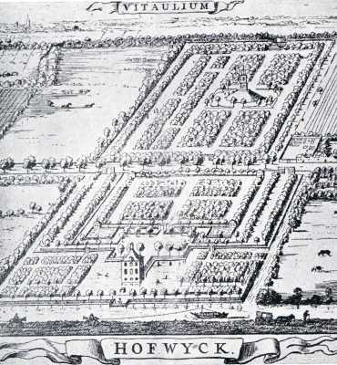 Zuid-Holland, 1930, Voorburg, Huygens' lustoord voorheen en thans. De tuinen van Hofwijck. In het overgebleven gedeelte is de oorspronkelijke symmetrische aanleg uit den tijd van Constantijn Huygens weer zooveel mogelijk hersteld