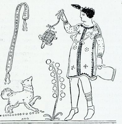 Oud-Grieksch kinderspel en kinderspeelgoed. Knaap met schildpad, Grieksche vaas, einde 4de eeuw v.C.