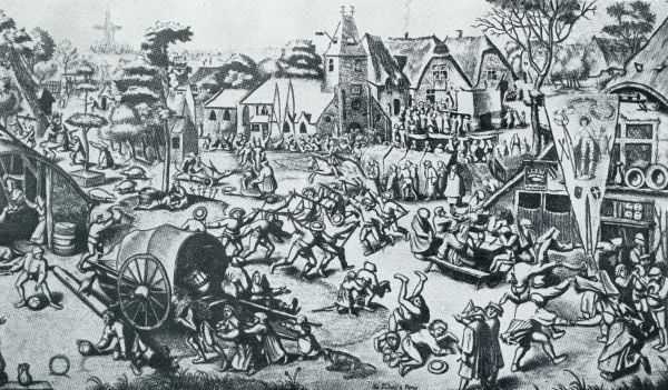 BOERENKERMIS MET IN HET MIDDEN EEN GROEP ZWAARDDANSERS (Naar een gravure van Breughel)