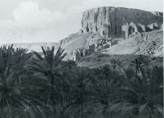 Jemen, 1932, Wadi Dawan, WADI DO'AN IN HADRAMAUT. De stadjes liggen tegen de steile puinhellingen, en zien uit over de kruinen der dadelpalmen in de vlakte