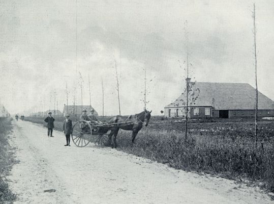 Groningen, 1933, Hebrecht, HOE THANS HET VOOR KORT NOG VOLMAAKT AFGESLOTEN HEBRECHTVEEN AAN DE DUITSCHE GRENS ER UITZIET. AAN DEN KANT VAN DE HEIRBAAN STAAN PEPPELS EN EENVORMIGE WONINGEN IN RIJ EN GELID