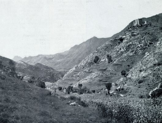 Jemen, 1933, Onbekend, GELUKKIG ARAB. VRUCHTBARE VELDEN IN DE DALEN EN TEGEN DE HELLINGEN. HET DORPJE LIGT ALS EEN MIDDELEEU WSCHE ROTSVESTING BOVEN OP DEN BERG, EEN BEELD VAN IMMER DREIGEND OORLOGSGEVAAR