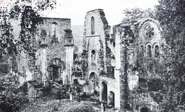 Belgi, 1934, Orval, Oude, merkwaardige plekjes in Waalsch Belgi. Een hoek van het koor der abdij van Orval vr de herstellingen