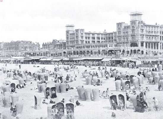 Zuid-Holland, 1934, Scheveningen, Onze voornaamste zeebadplaats. Het strand van Scheveningen met het noordelijke gedeelte van den boulevard