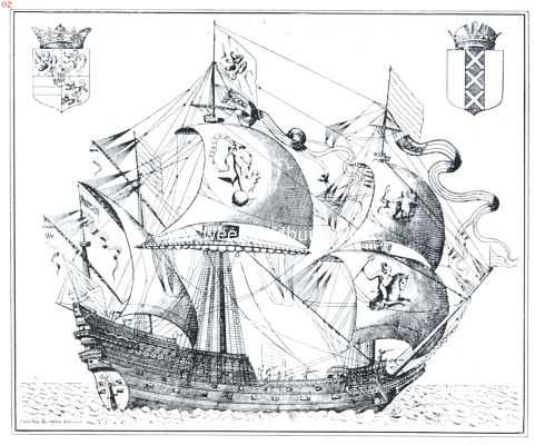 Scheepsfolklore in de scheepsversiering. Groot Amsterdamsch schip uit het einde der 16e eeuw, geteekend door W. Barentz in 1594 (Ned. Hist. Scheepvaartmuseum, Amsterdam)