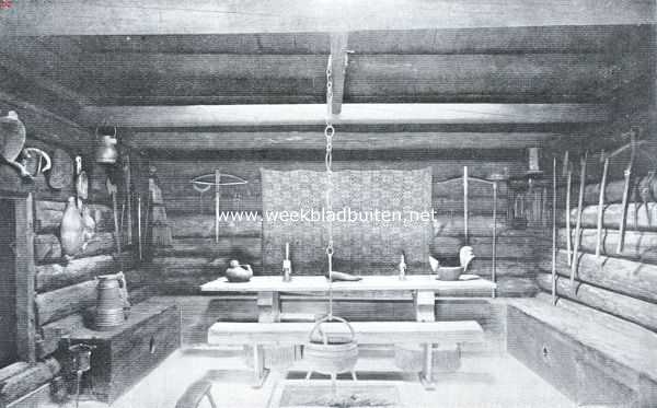 Noorwegen, 1934, Maihaugen, Noorsch volksleven. Interieur van een aarestue (haardhuis) in het openlucht-meseum te Maihaugen (1440)
