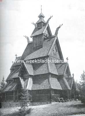 Noorwegen, 1934, Bygdy, Noorsch volksleven. Oud-Noorsche Stavkerk te Bygdy (ongeveer 1150)