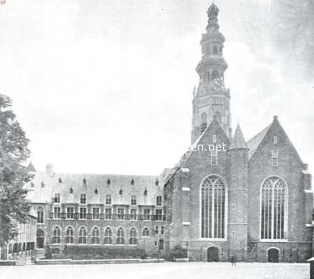 Zeeland, 1934, Middelburg, Walcheren, de tuin van Zeeland. De Statenzaal en de Nieuwe Kerk gezien van het westen