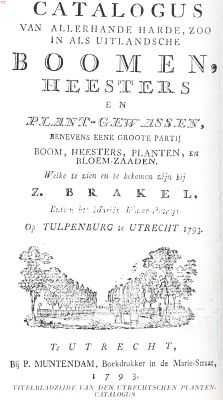 Een Utrechtsche kweekerij op het einde der 18e eeuw. Titelbladzijde van den Utrechtschen Plantencatalogus