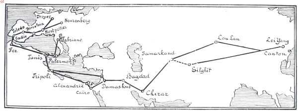 Onbekend, 1935, Onbekend, De weg, die de uitvoer en de fabricage van papier, van China uit naar het westen, tot in de 12e eeuw gevolgd heeft. De uitbreiding der fabricage van Tunis via Palermo naar Fabriano en van Montpellier naar Neurenberg volgde later