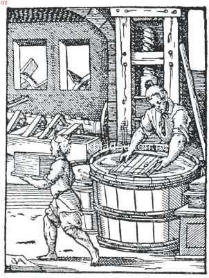 De papiermaker (naar een houtsnede van Joost Amman uit 1568)