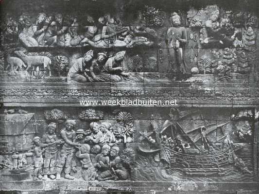 Indonesi, 1935, Borobudur, Tempelschoonheid in Java. Fries van den Boroboedoer, voorstellende de aankomst van Boeddha's schip, en zijn huldiging door geesten, Brahmanen en bevolking