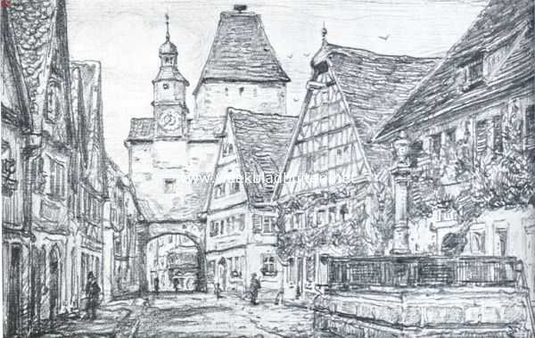 Duitsland, 1935, Rothenburg ob der Tauber, Rothenburg ob der Tauber. De Rdergasse. Naar een teekening van den schrijver