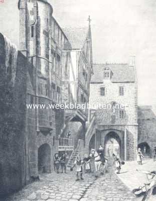 Mont Saint Michel. De Mont Saint Michel, Maison de l' Arcade, en Porte de Roy (15e eeuw). Naar de ets van Henri Voisin. Deze gebouwen zijn ongeveer in denzelfden staat bewaard gebleven