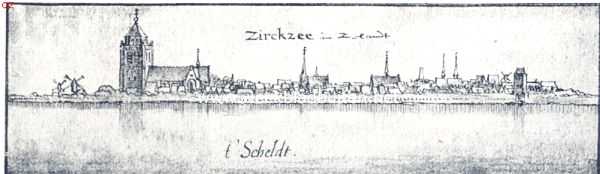 Zeeland, 1936, Zierikzee, Zierikzee. Zierikzee van de zeezijde gezien. Naar de teekening van Claes Jansz. Visscher (1587-1660)